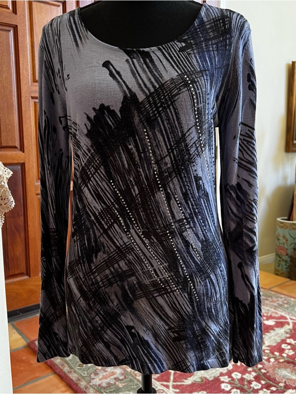 Orly Sketch, Scoop Neck Top, Geometric Pattern, Rhinestones Sz M